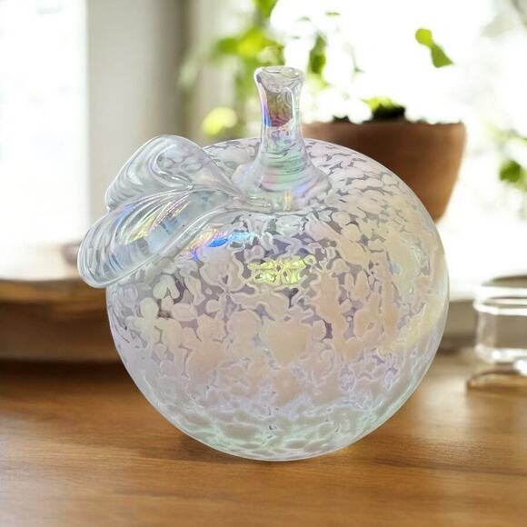 Apple Paperweight-Iridescent Art Spatter Glass-White-Opalescent-Blown-Vintage - Picture 5 of 7